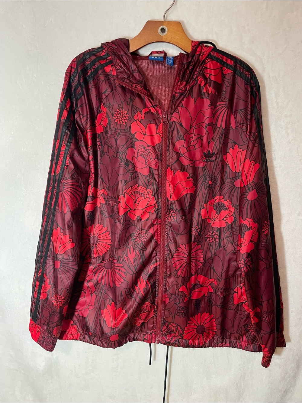Adidas Women's Red Floral Lightweight Hooded Windbreaker Firebird